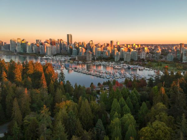 aerial view vancouver downtown skyline dusk from stanley park canada